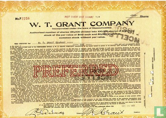 W.T. Grant Company, Preferred stock share certificate, 1923