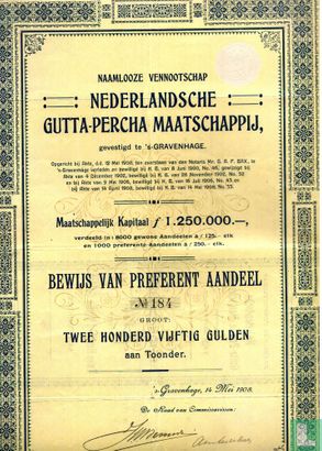 Nederlandsche Gutta-Percha Maatschappij, Bewijs van Preferent aandeel, 250 Gulden, 1908