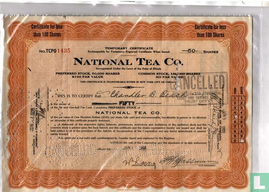 National Tea Company, Certificate for less than 100 shares