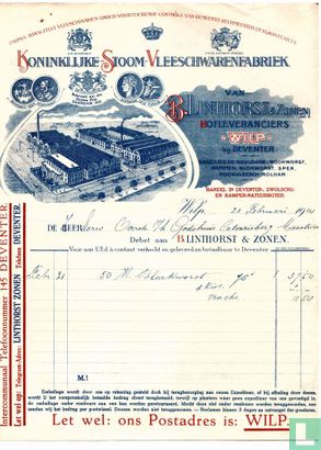 Koninklijke Stoom- en Vleeschwarenfabriek B. Linthorst & Zonen, briefhoofd op factuur, 1924