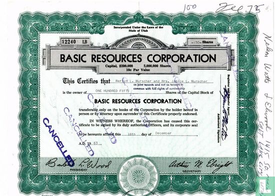 Basic Resources Corporation, Share Certificate, 1963