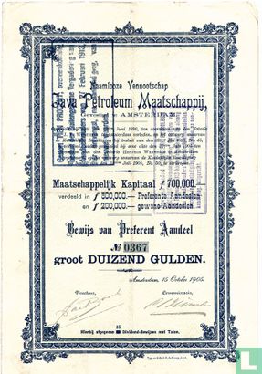 Java Petroleum Maatschappij, Bewijs van Preferent Aandeel, 1905