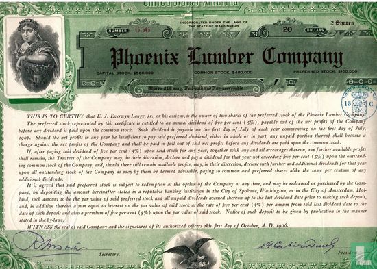 Phoenix Lumber Company, Share certificate of 2 shares preferred stock, 1906