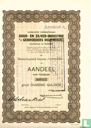 Goud- en Zilverindustrie v/h Gebroeders Rozendaal, Aandeel 1.000 gulden, 1920