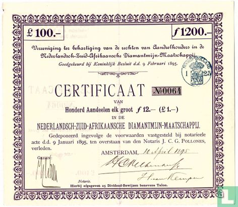 Nederlandsch-Zuid-Afrikaansche Diamantmijn-Maatschappij, Certificaat van 100 Aandelen van f 12,=, 1895 - Image 1