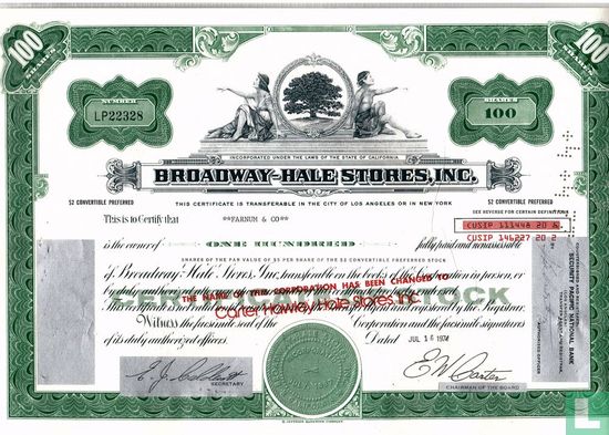 Broadway-Hale Stores, Certificate for 100 shares
