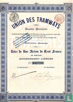 Union des Tramways, Titre de Une Action de 100 Francs, 1897