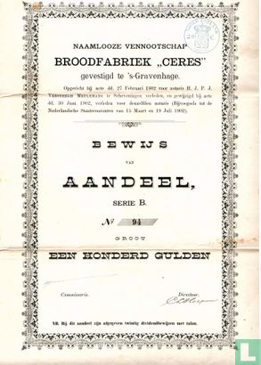 Broodfabriek "Ceres", Bewijs van aandeel 100 Gulden, 1902