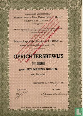 Internationale Film Exploitatie "Filex", Oprichtersbewijs 1.000 gulden, 1921