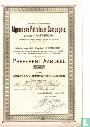 Algemeene Petroleum Compagnie, Preferent Aandeel, 125 Gulden, 1920