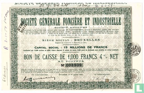 Société Générale Foncière et Industrielle, Bon de Caisse de 1000 Francs, 1943