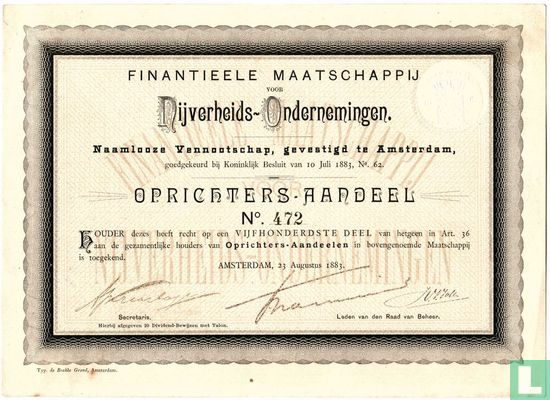 Finantieele Maatschappij voor Nijverheids-Ondernemingen, Oprichters-Aandeel, 1883