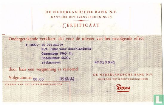 Deviezencertificaat Nederlandsche Bank, f 1000,=, 1966 - Image 1