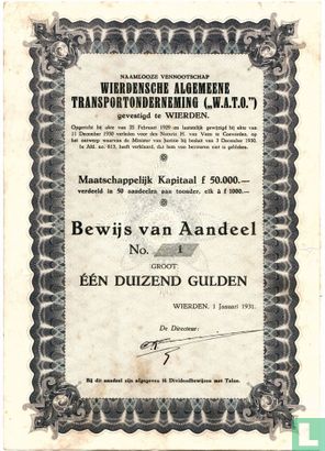 Wierdensche Algemeene Transportonderneming W.A.T.O., Bewijs van aandeel groot Een Duizend Gulden, 1931