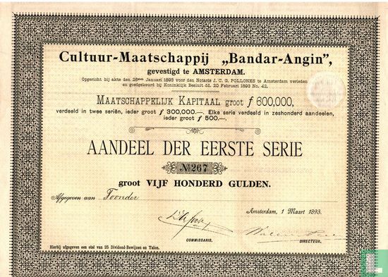 Cultuur-Maatschappij "Bandar-Angin", Aandeel, 500 Gulden, 1893