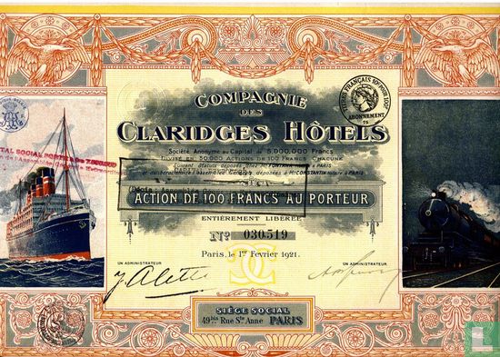 Compagnie des Claridges Hotels, Action de 100 Francs au porteur, 1921