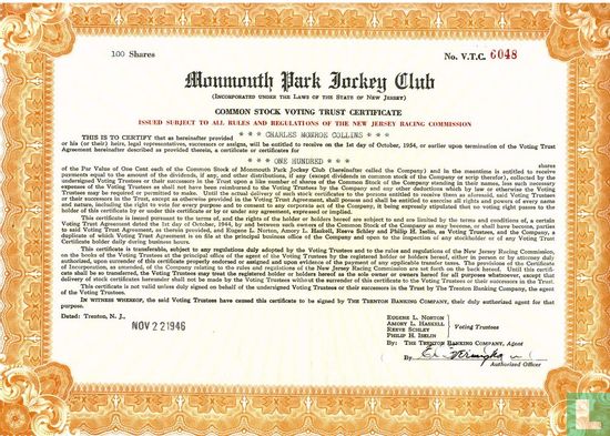 Monmouth Park Jockey Club, Share Certificate, 1946