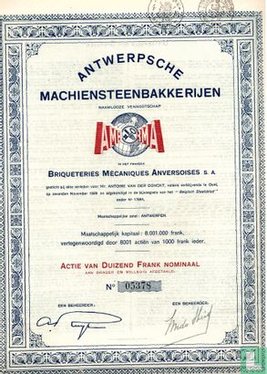 Antwerpsche Machiensteenbakkerijen, Actie van 1.00 Frank, 1929