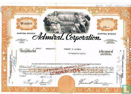 Admiral Corporation, Certificate for less than 100 shares, Capital stock