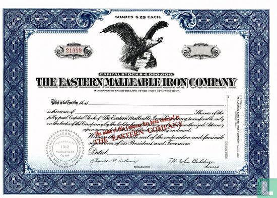 The Eastern Malleable Iron Company, Share certificate, blankette
