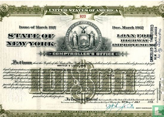 State of New York, Loan for Highway Improvement, $ 10.000,=, Issue of March 1917