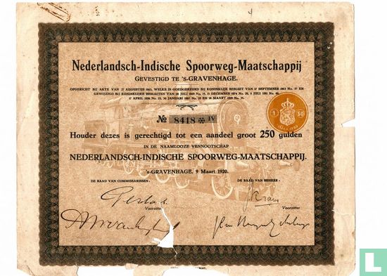 Nederlandsch-Indische Spoorwegmaatschappij, Aandeel 250 Gulden, 1920