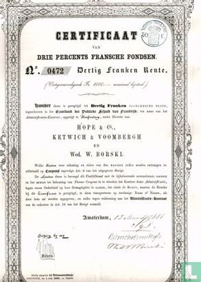 Grootboek der Publieke Schuld van Frankrijk, Certificaat 3% Fransche fondsen, 1888
