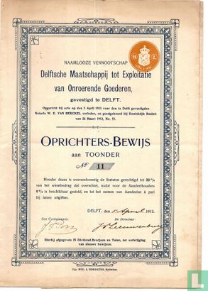 Delftsche Maatschappij tot Exploitatie van Onroerende Goederen, Oprichters-Bewijs, 1913