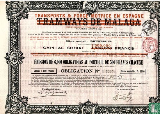 Transports & Force Motrice en Espagne, obligation 500 Francs, 1914
