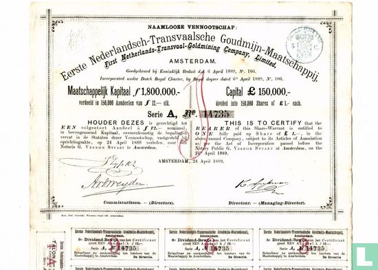 Eerste Nederlandsch-Transvaalsche Goudmijn-Maatschappij, Aandeel 12 Gulden, 1889