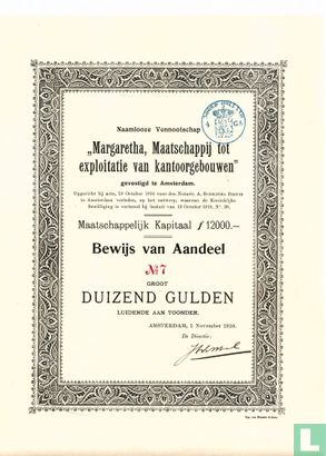 Margaretha, Maatschappij tot exploitatie van kantoorgebouwen, Aandeel f 1000,=, 1910