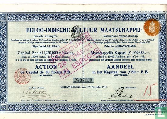 Belgo-Indische Cultuur Maatschappij, Aandeel, 50 Gulden, 1913