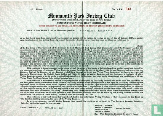 Monmouth Park Jockey Club, Share Certificate, 1945
