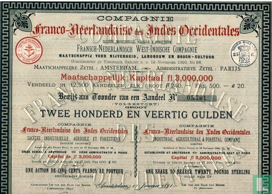 Compagnie Franco-Neerlandaise des Indes Occidentales, Bewijs aan toonder van een aandeel 240 Gulden, 1890