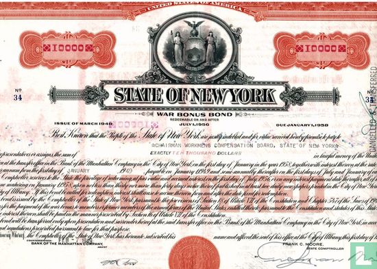 State of New York, War Bonus Bond, $ 10.000,=, Issue of March 1948