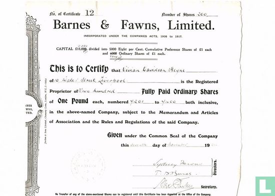 Barns & Fawns, Limited, Certificaat van 200 aandelen, 1924