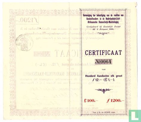 Nederlandsch-Zuid-Afrikaansche Diamantmijn-Maatschappij, Certificaat van 100 Aandelen van f 12,=, 1895 - Image 2