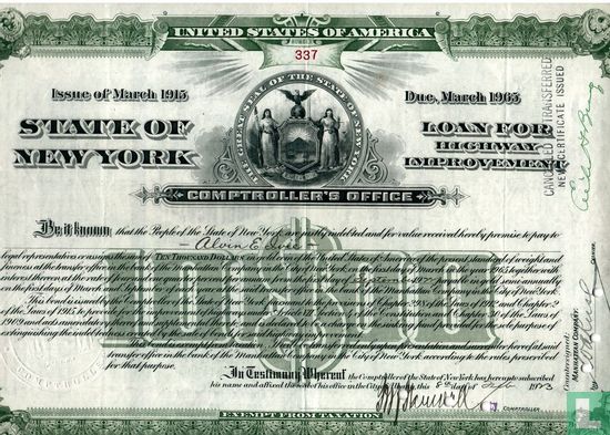 State of New York, Loan for Highway Improvement, $ 10.000,=, Issue of March 1915