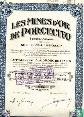 Les Mines d'Or de Porcecito, Action de Capital 500 Francs, 1928