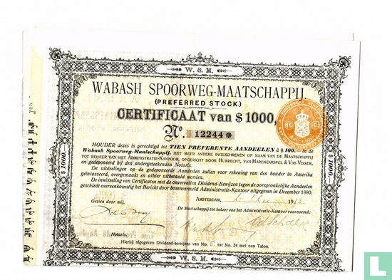 Wabash Spoorweg-Maatschappij, Certificaat van $ 1.000,=, 10 Preferente aandelen, 1913