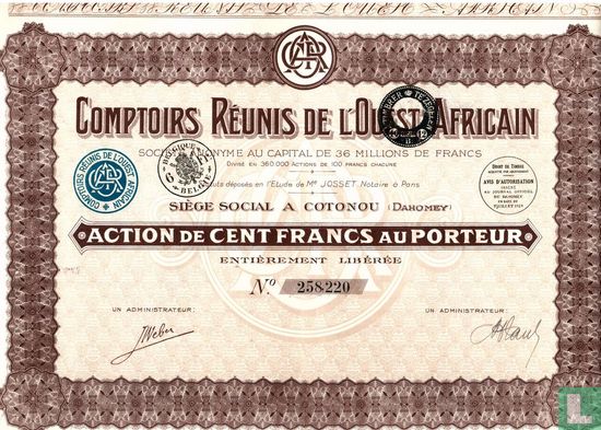 Comptoirs Reunis de l'Ouest Africain, Action de Cent Francs au Porteur, 1929