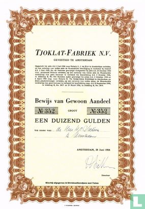 Tjoklat-fabriek N.V., Bewijs van gewoon aandeel Een Duizend Gulden, 1954