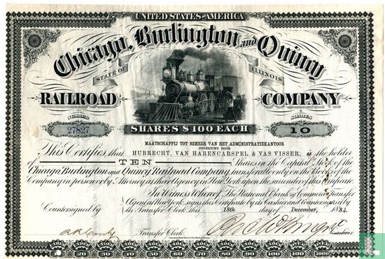 Chicago, Burlington and Quincy Railroad Company, Certificate of 10 shares of $ 100,= each, 1884