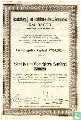 Maatschappij tot exploitatie der suikerfabriek KALIGABOR, Bewijs van oprichters-aandeel, 1890