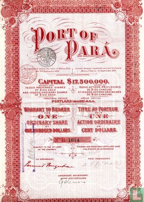 Port of Para, Warrant for one ordinary share $ 100,=, 1906