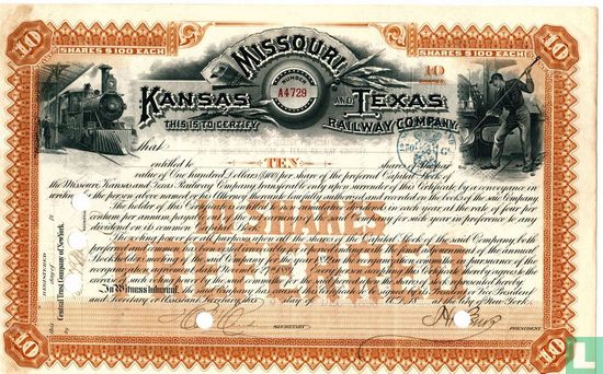Missouri, Kansas and Texas Railway Company, Certificate 10 shares Preferred Stock, 1890