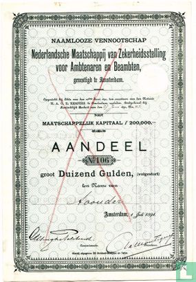Nederlandsche Maatschappij van Zekerheidsstelling voor Ambtenaren en Beambten, Aandeel Duizend Gulden, 1891 - Image 1