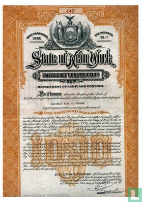 State of New York, Emergency Construction, $ 1.000,=, Issue of October 1933