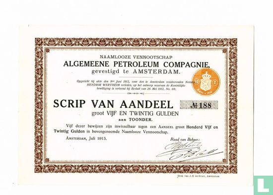 Algemeene Petroleum Compagnie, Scrip van aandeel 25 Gulden, 1913