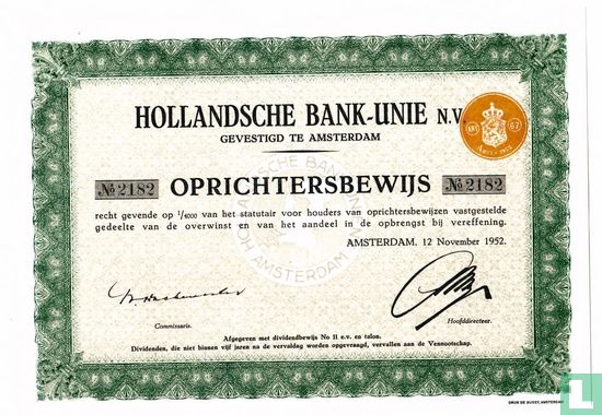 Hollandsche Bank-Unie N.V., Oprichtersbewijs, 1952